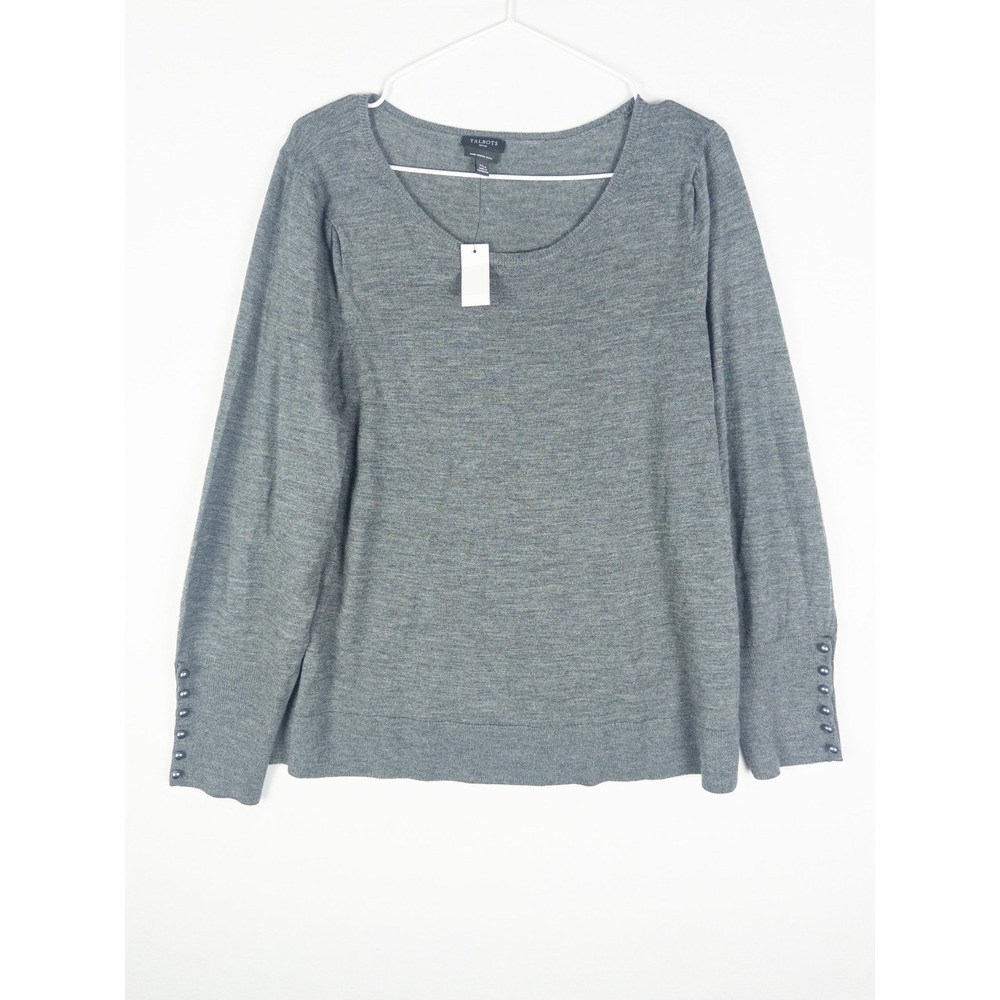 NWT Talbots Petite Merino Wool Sweater Womens XLP Gray Scoop Neck Button Cuff Qu